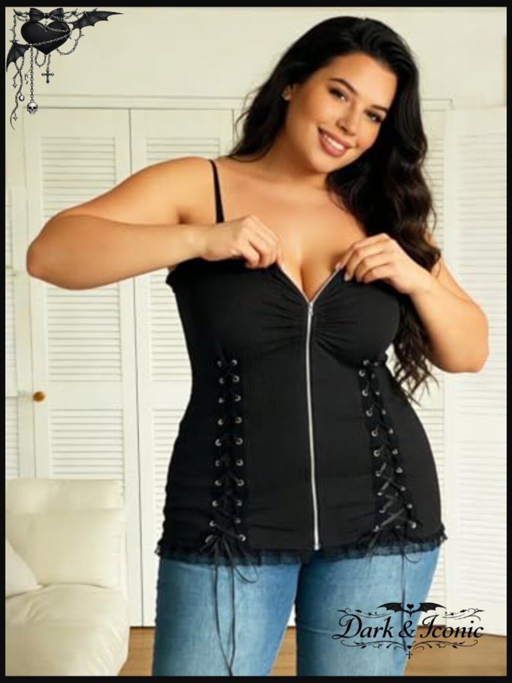 Plus Size Corset Lace Up Cami Top Gothic Ribbed Stretch Sleeveless - Picture 6 of 7